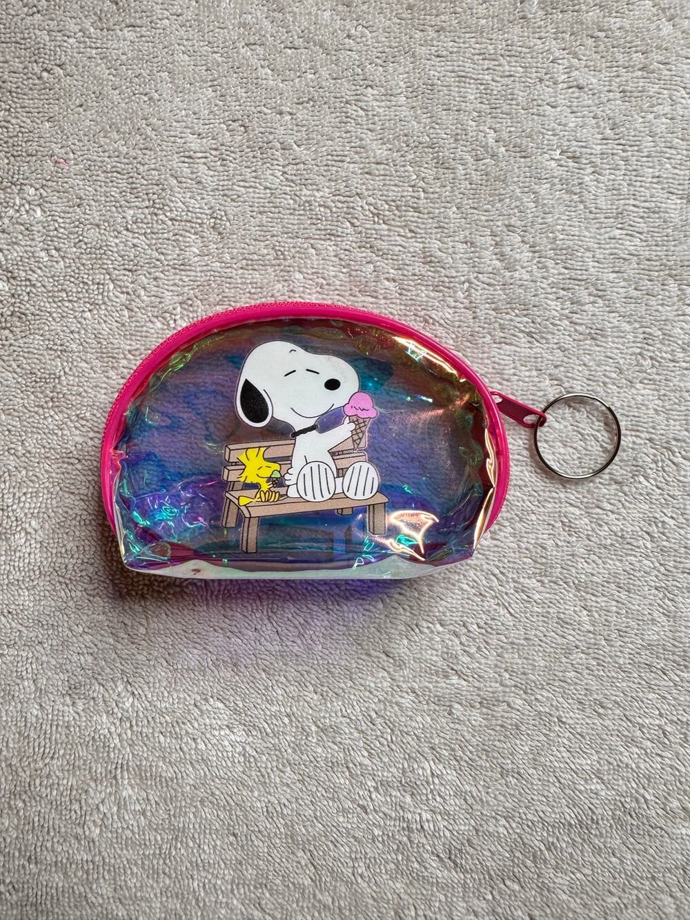 Snoopy peanuts eating ice cream iridescent coin purse pink zipper keychain